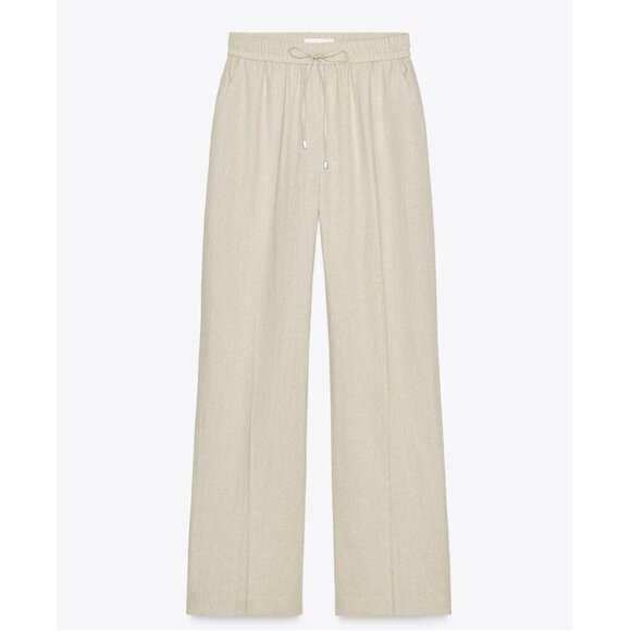 Zara Linen Wide Leg Drawstring Pants Beige Neutral Vacation Beach XL - Picture 2 of 13